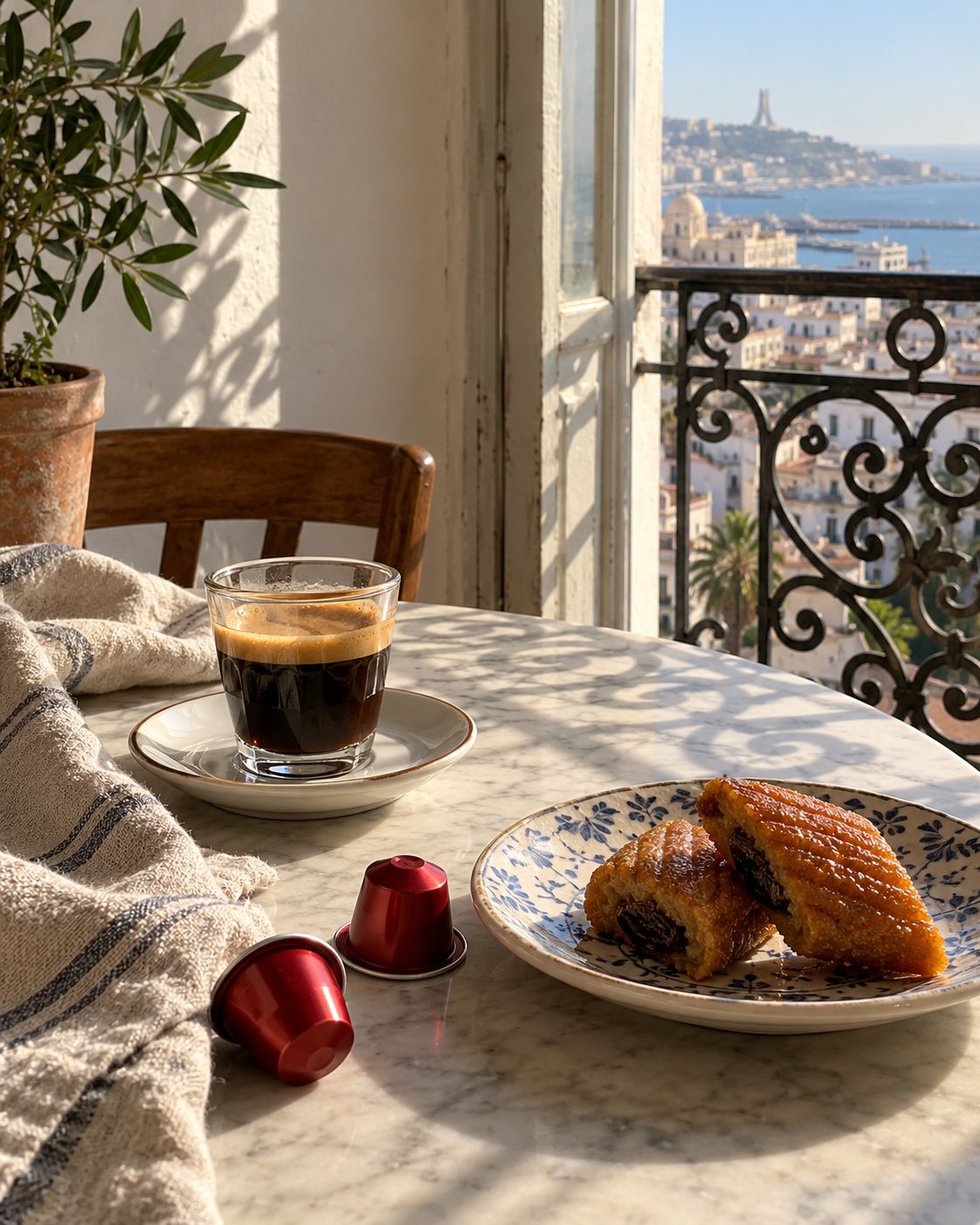 Un espresso KALDI sur une table, vue sur la baie d'Alger