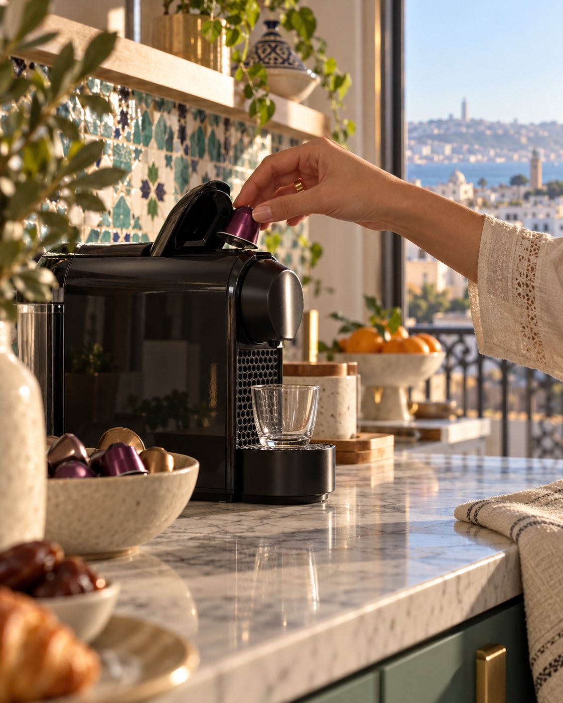 Main qui insère une capsule prune dans une machine
