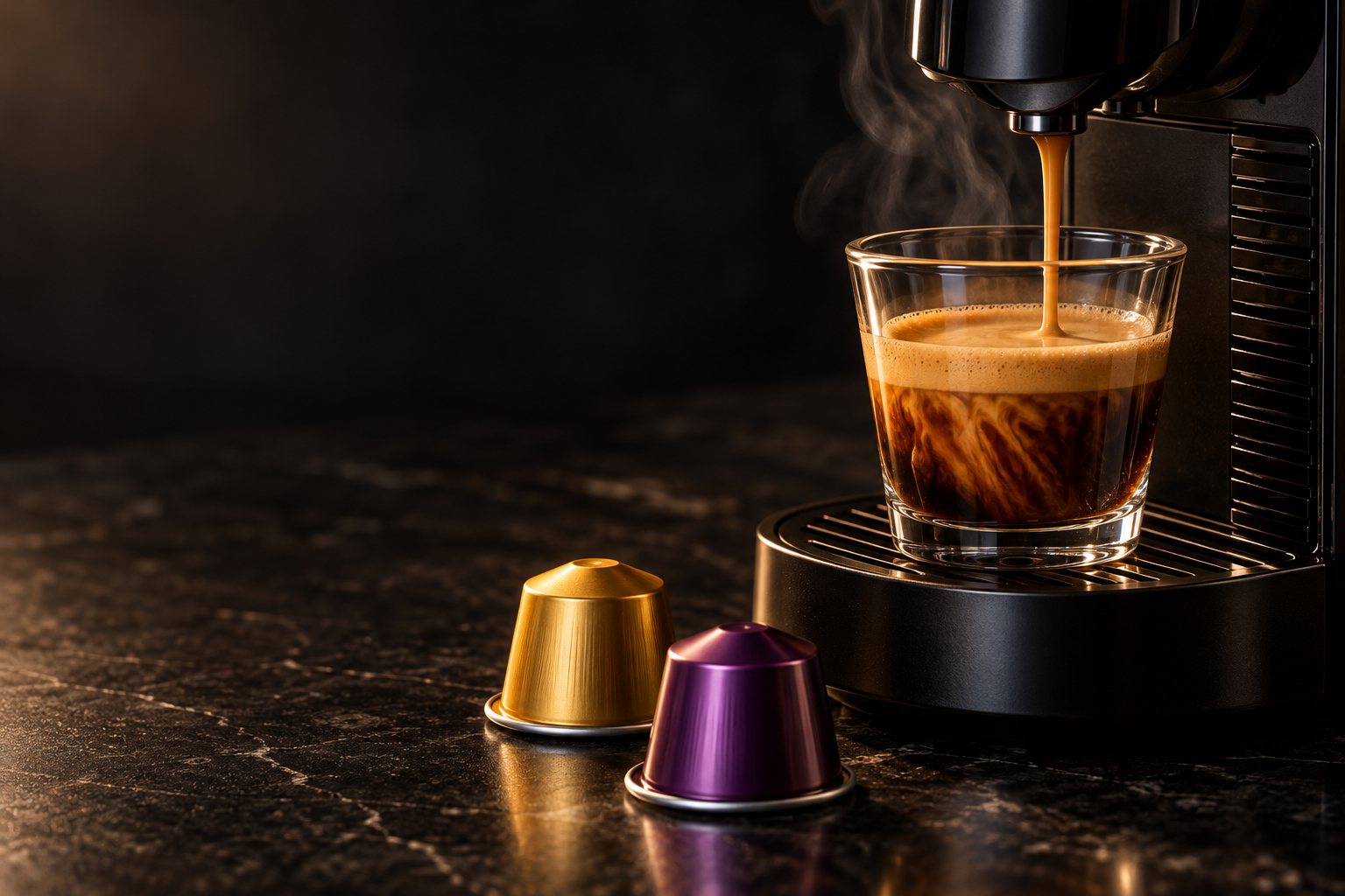 Espresso qui coule d'une machine à capsules, capsules dorée et prune au premier plan
